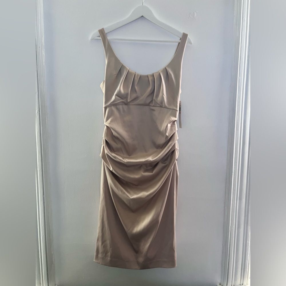 Suzy Chin for Maggie Boutique NWT Champagne Satin Bodycon Ruffle Sheath Dress 10